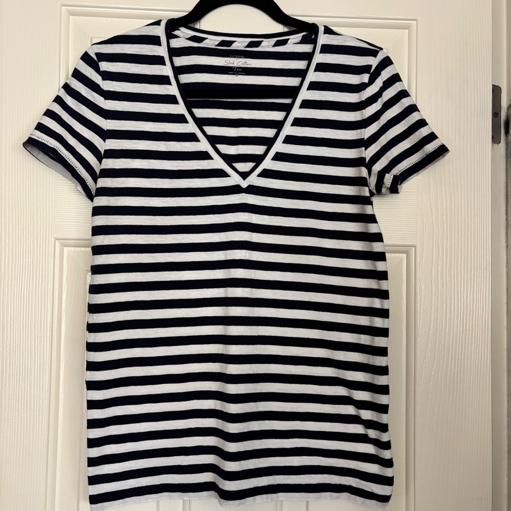 J. Crew Navy and Ivory Striped Cotton V-Neck Tee